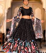 EILARA BLACK CHION WITH DIGITAL PRINT KALAMKARI DUPATTA DESIGN LEHENGA CHOLI FOR TRADITIONAL