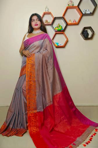 Fabulous Grey Tissue Khadi Cotton Saree With Blouse Piece