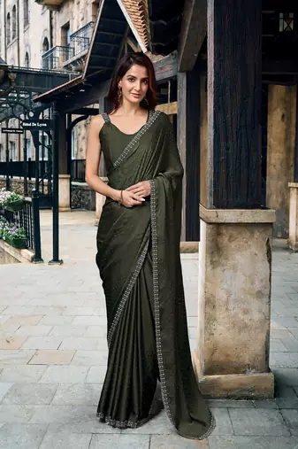 Green Mehendi Swarovski Work Border Satin Silk Saree for Women