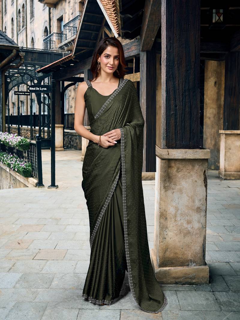 Green Mehendi Swarovski Work Border Satin Silk Saree for Women