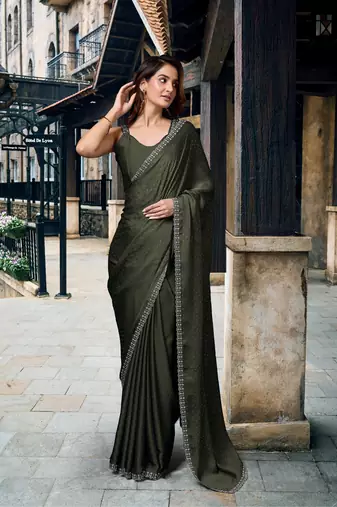 Green Mehendi Swarovski Work Border Satin Silk Saree for Women
