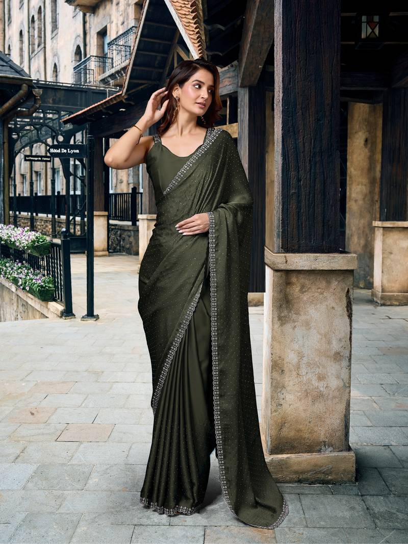 Green Mehendi Swarovski Work Border Satin Silk Saree for Women