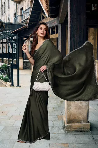 Green Mehendi Swarovski Work Border Satin Silk Saree for Women
