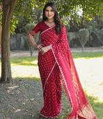 Red Woven Design Bandhej silk blend Saree With Blouse