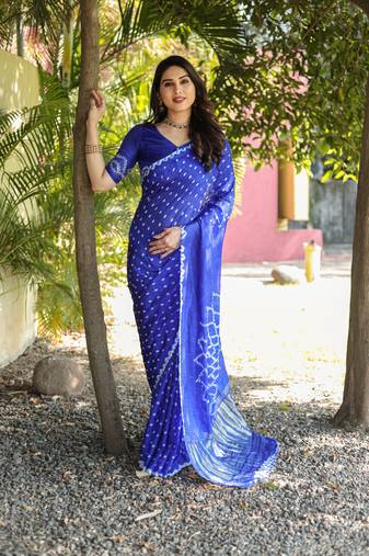 Royal Blue Woven Design Bandhej Silk Blend Saree With Blouse