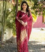 Maroon Woven Design Bandhej silk blend Saree With Blouse