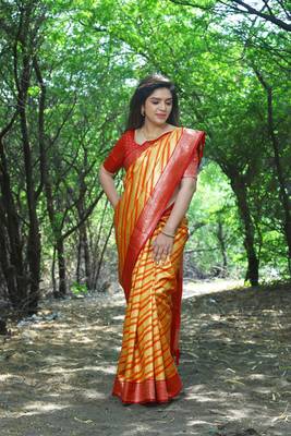 Yellow Woven Design Leheriya Soft silk blend Saree With Blouse 1