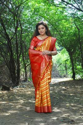 Yellow Woven Design Leheriya Soft silk blend Saree With Blouse 2