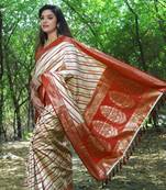 Cream Woven Design Leheriya Soft silk blend Saree With Blouse