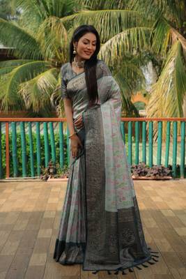 Sky blue woven design kanjivaram soft satin silk blend saree with blouse 1
