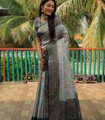 Sky blue woven design kanjivaram soft satin silk blend saree with blouse