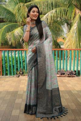 Sky blue woven design kanjivaram soft satin silk blend saree with blouse 2