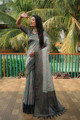 Sky blue woven design kanjivaram soft satin silk blend saree with blouse 3