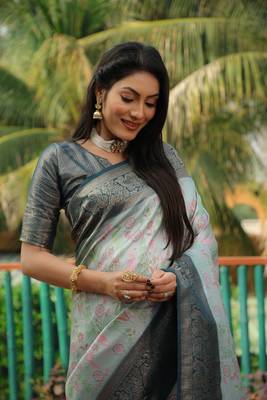 Sky blue woven design kanjivaram soft satin silk blend saree with blouse 4
