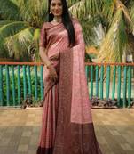 Pink woven design kanjivaram soft satin silk blend saree with blouse