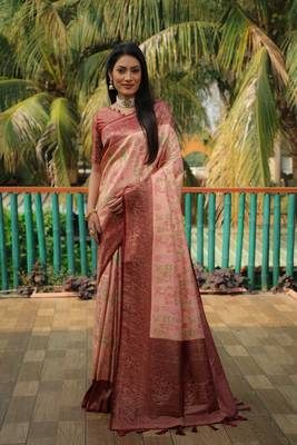 Peach woven design kanjivaram soft satin silk blend saree with blouse 1
