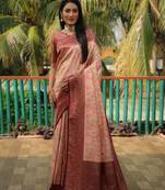 Peach woven design kanjivaram soft satin silk blend saree with blouse