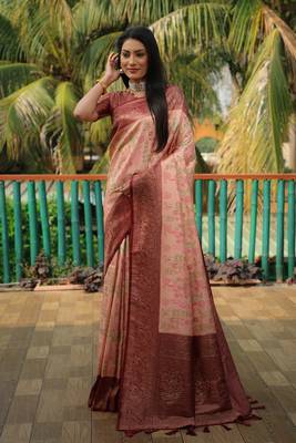 Peach woven design kanjivaram soft satin silk blend saree with blouse 2