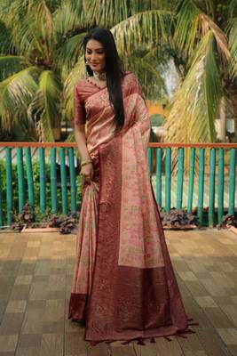 Peach woven design kanjivaram soft satin silk blend saree with blouse 3