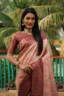 Peach woven design kanjivaram soft satin silk blend saree with blouse 4
