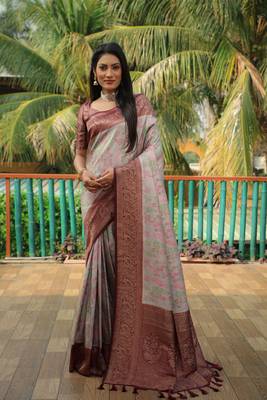 Grey woven design kanjivaram soft satin silk blend saree with blouse 1