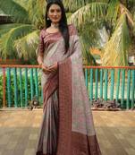 Grey woven design kanjivaram soft satin silk blend saree with blouse