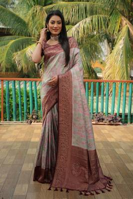 Grey woven design kanjivaram soft satin silk blend saree with blouse 2