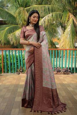 Grey woven design kanjivaram soft satin silk blend saree with blouse 3