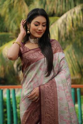 Grey woven design kanjivaram soft satin silk blend saree with blouse 4