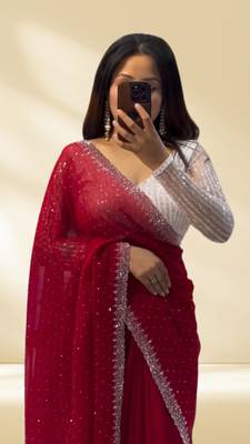 Red Colour Faux Georgette Designer Swarovski Crystal Sarees With Un-Stitched Blouse 1