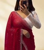 Red Colour Faux Georgette Designer Swarovski Crystal Sarees With Un-Stitched Blouse