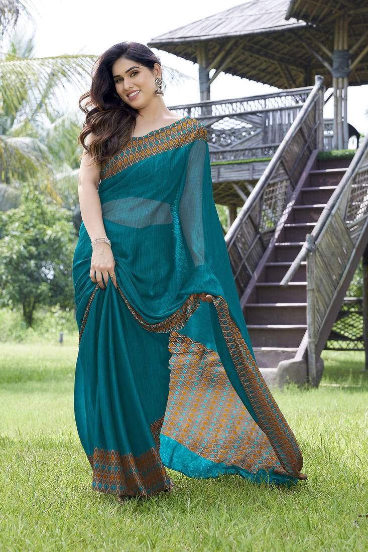 Turquoise plain chiffon saree with blouse