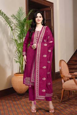 Women's Pink Silk Embroidery Salwar Suit Kurta Pant with Dupatta Set 1