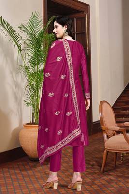 Women's Pink Silk Embroidery Salwar Suit Kurta Pant with Dupatta Set 2
