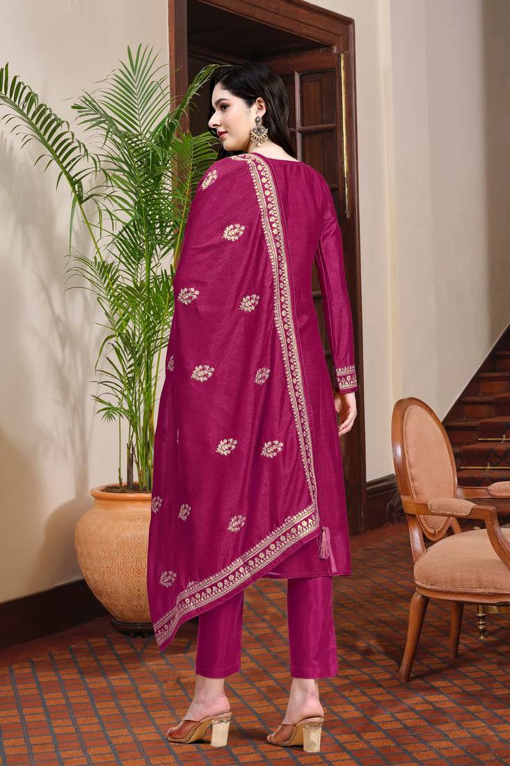 Women's Pink Silk Embroidery Salwar Suit Kurta Pant with Dupatta Set