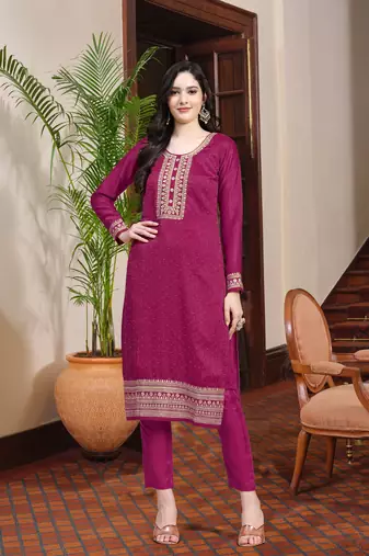 Trendmalls Women's Pink Silk Embroidery Salwar Suit Kurta Pant with Dupatta Set