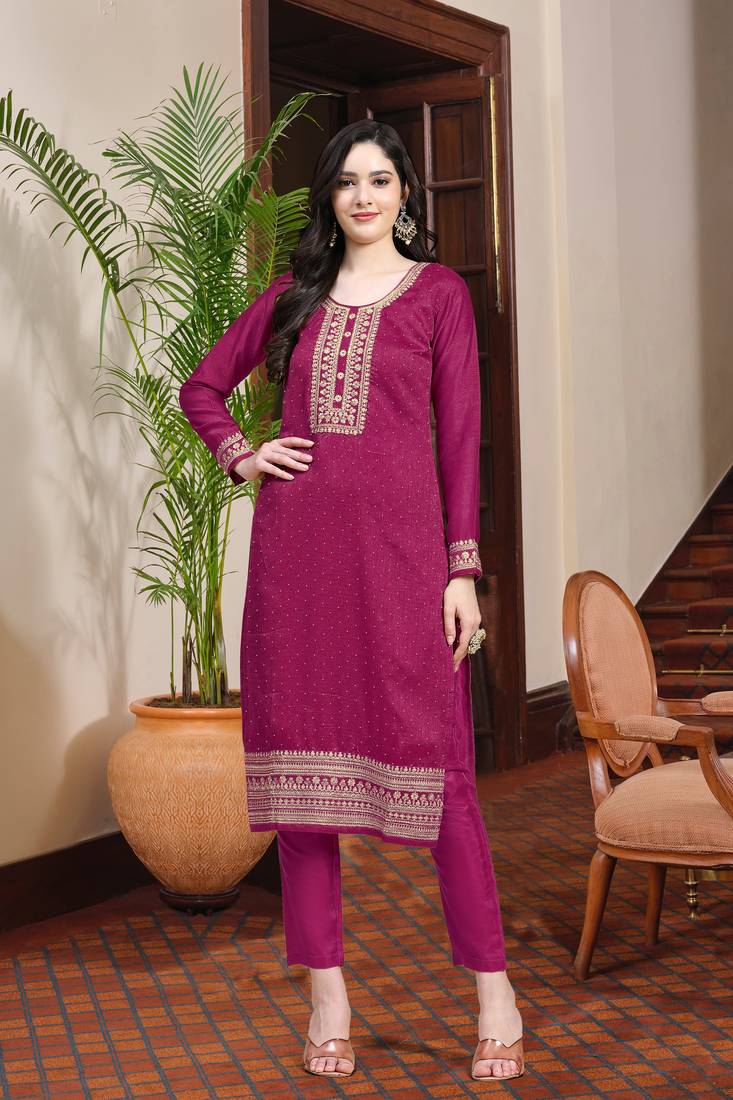 Women's Pink Silk Embroidery Salwar Suit Kurta Pant with Dupatta Set