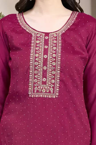 Trendmalls Women's Pink Silk Embroidery Salwar Suit Kurta Pant with Dupatta Set