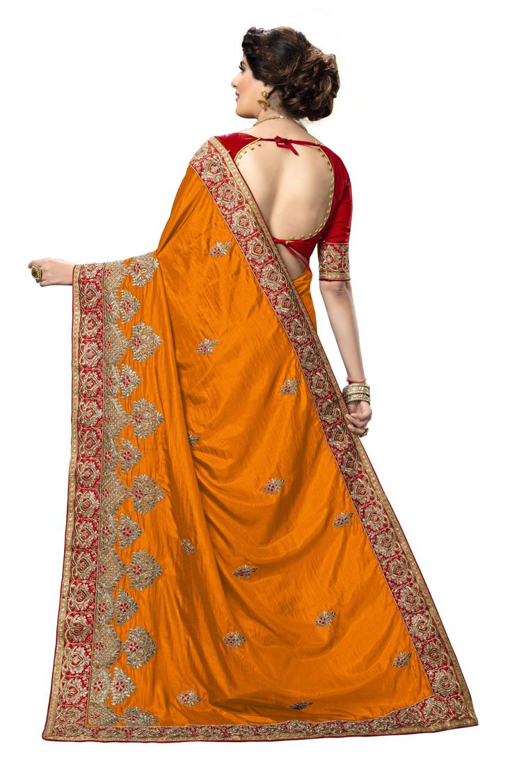 Trendmalls Orange embroidered silk   Traditional Wedding Party Wear Bridal Saree With Blouse  