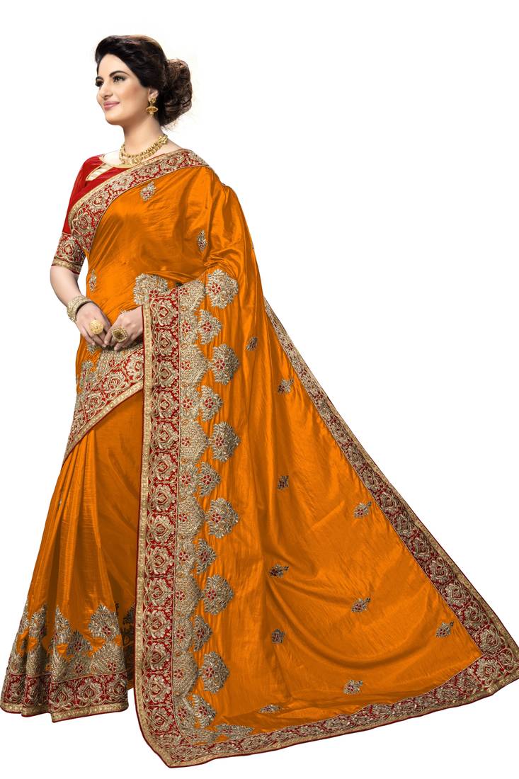 Trendmalls Orange embroidered silk   Traditional Wedding Party Wear Bridal Saree With Blouse  