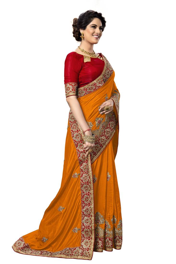 Trendmalls Orange embroidered silk   Traditional Wedding Party Wear Bridal Saree With Blouse  