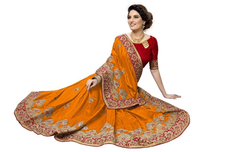 Trendmalls Orange embroidered silk   Traditional Wedding Party Wear Bridal Saree With Blouse  