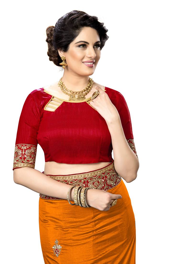 Trendmalls Orange embroidered silk   Traditional Wedding Party Wear Bridal Saree With Blouse  