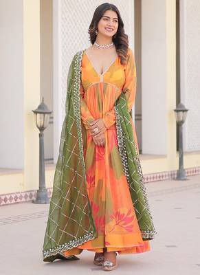 Orange russian silk digital printed gown with dupatta 1