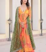 Orange russian silk digital printed gown with dupatta