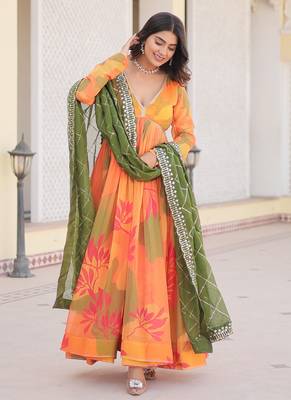 Orange russian silk digital printed gown with dupatta 2