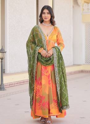 Orange russian silk digital printed gown with dupatta 3