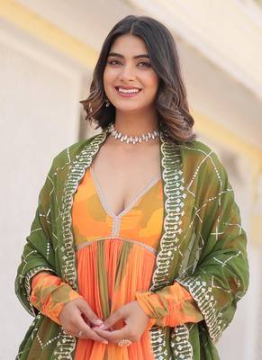 Orange russian silk digital printed gown with dupatta 4
