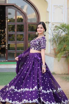 Purple Faux Georgette Embroidered Designer Lehenga Choli Semi-Stitched 1