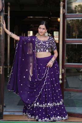 Purple Faux Georgette Embroidered Designer Lehenga Choli Semi-Stitched 5
